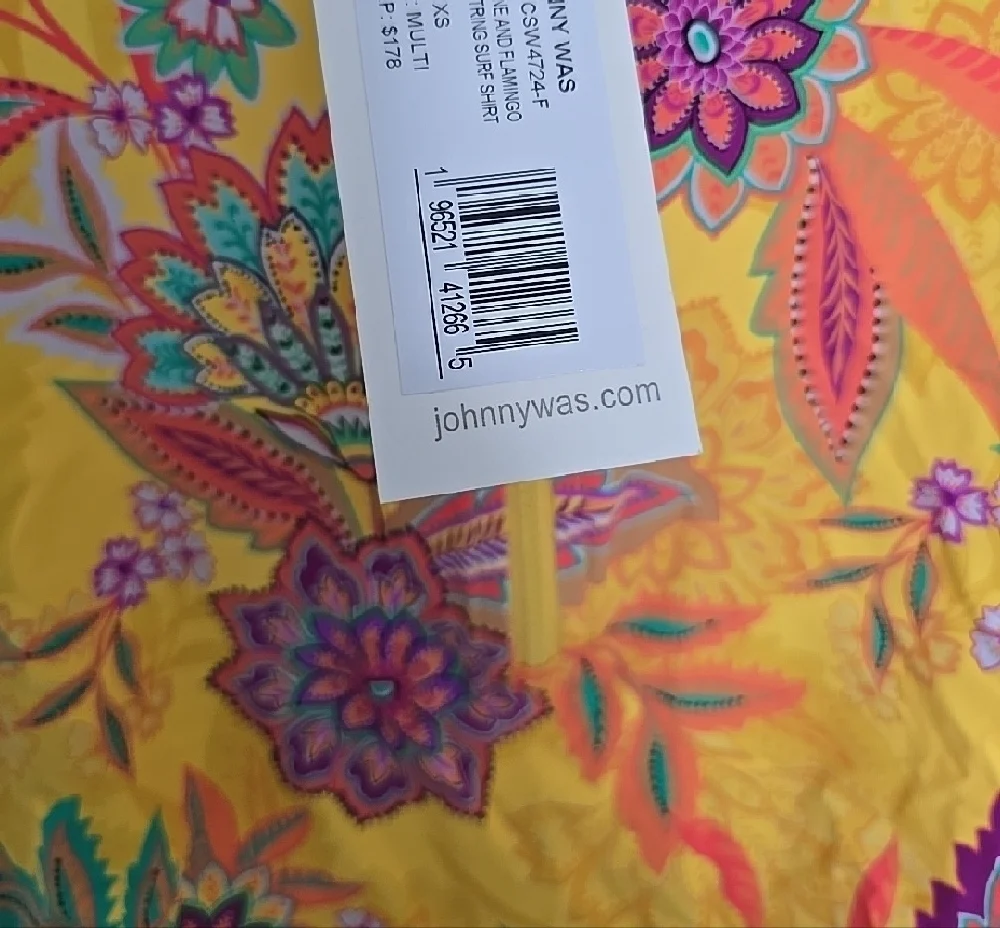 NWT Johnny Was Sunshine and Flamingo Drawstring Surf Shirt Multicolor Floral UV
